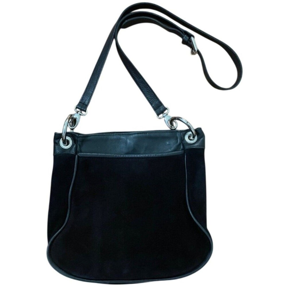 LAGGO Black Suede Leather Hobo Crossbody Bag Silver Grommet Hardware